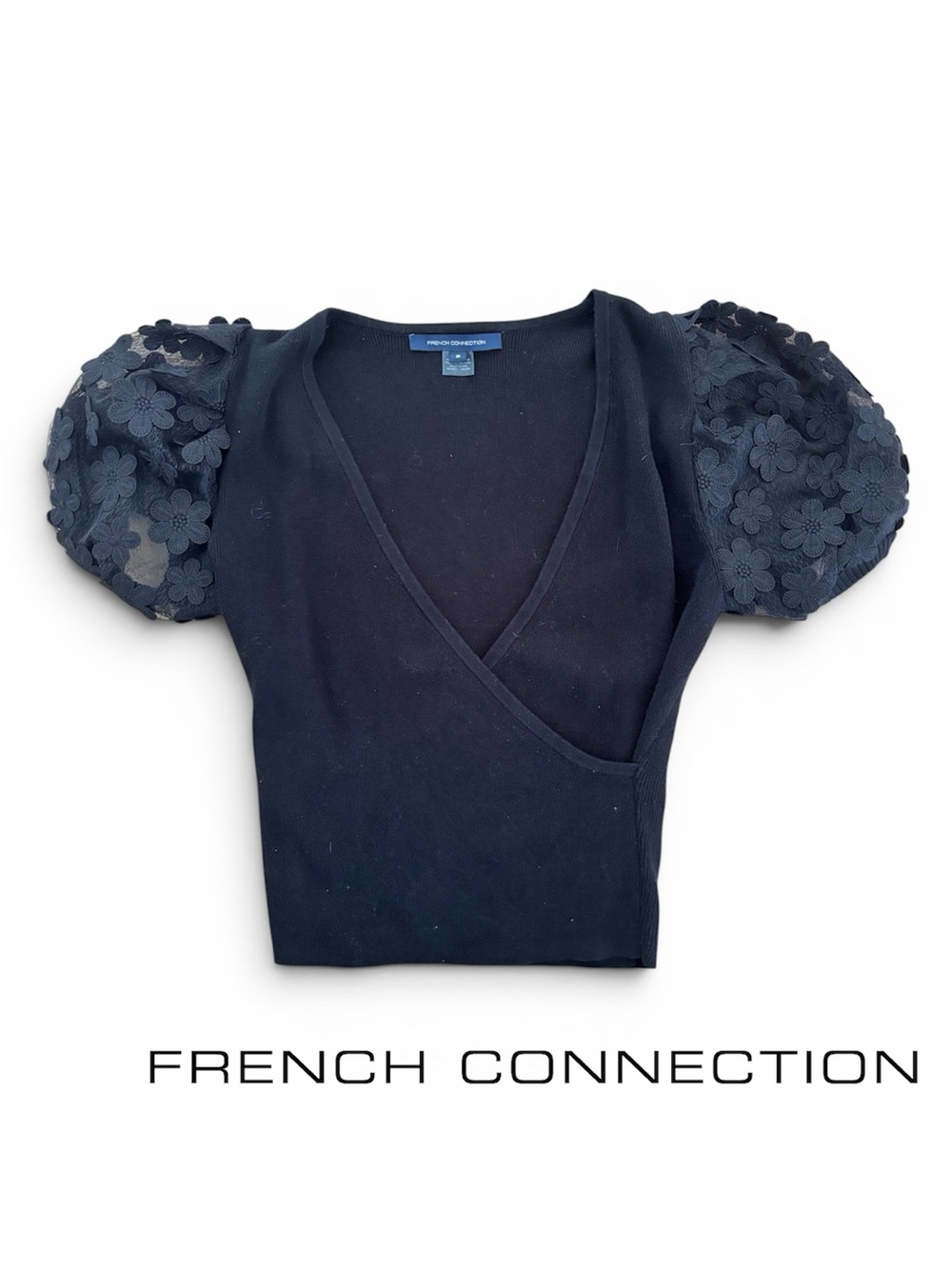 French Connection Black Wrap Top with Floral Mesh Poof Sleeves